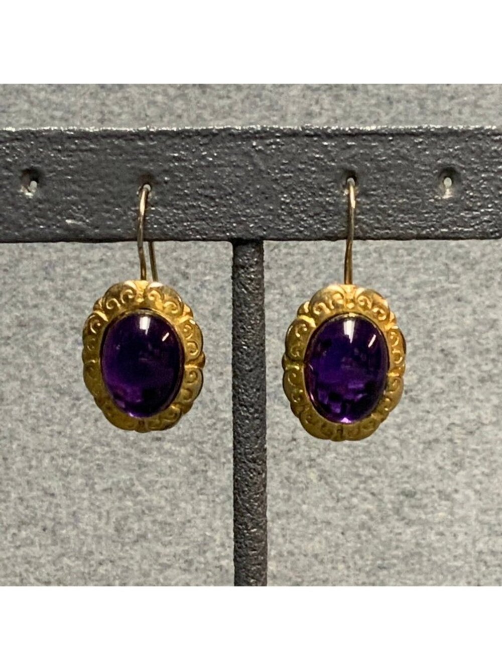 Domed Oval Dangle Earrings 1.5 In Purple Gold Scroll Pierced Retro Glam Vintage